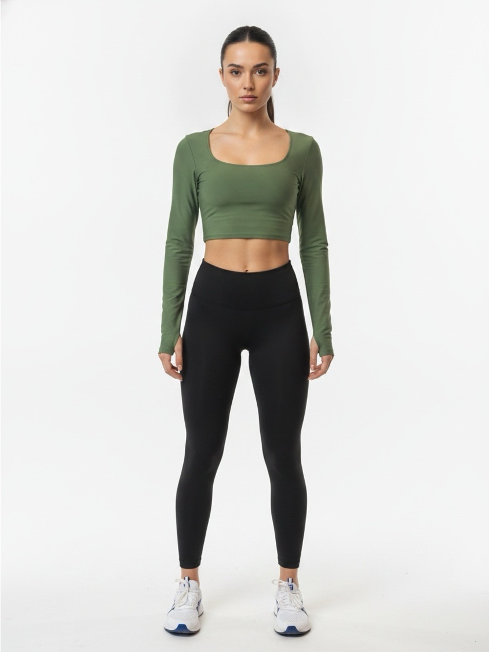 Free People Movement Women’s Olive Green Scoop Neck Long-Sleeve Crop Top Large